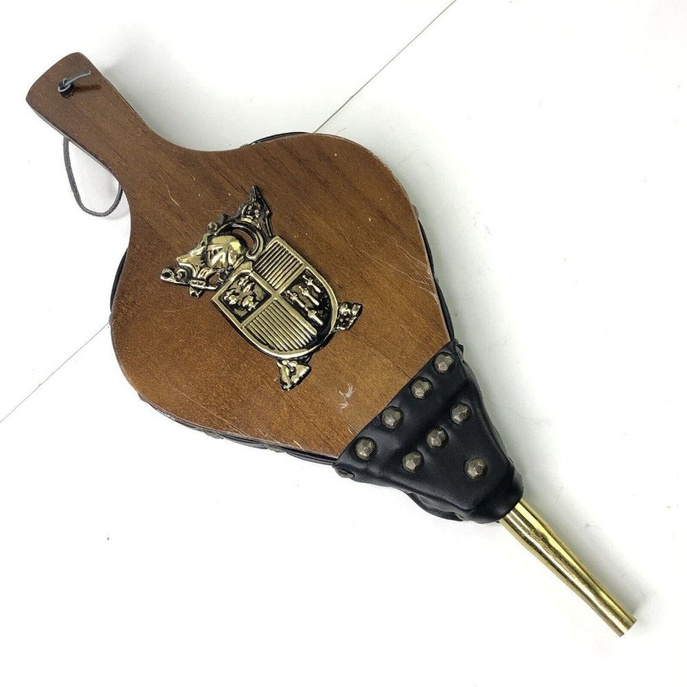 Vintage Rustic 1970s Wood Brass Vinyl Leather Bellow Fireplace Tool Gold Accent